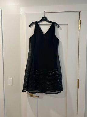 Dkny Black Sleeveless V-Neck Mini Dress with Sequin Wave Hem